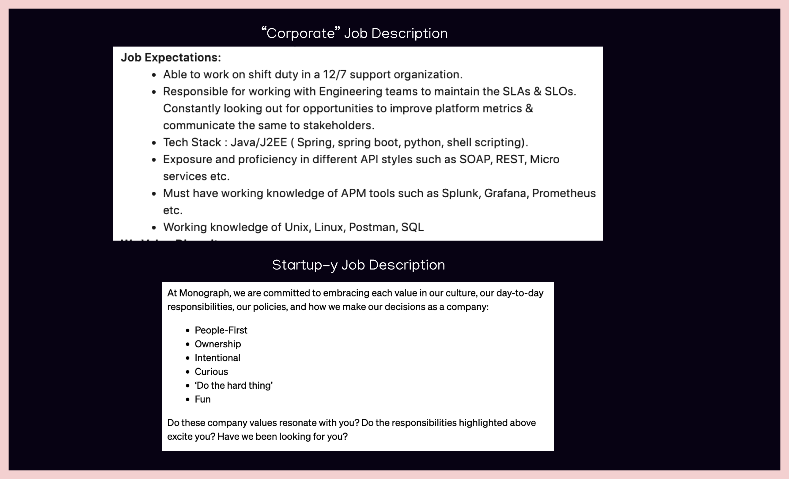 Corporate vs Startup Job Description